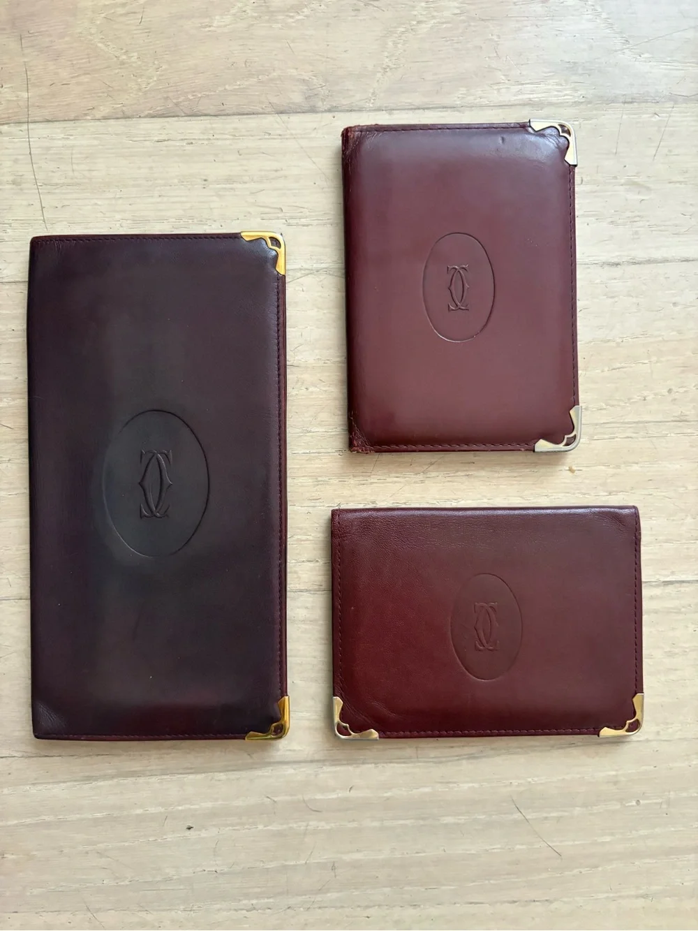 Cartier Burgundy Leather Travel Card Holder Wallet Set of 3